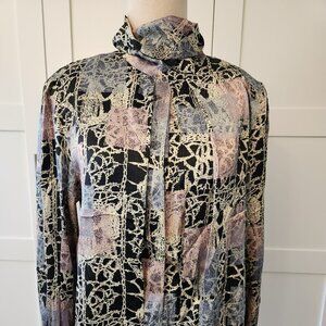 vintage silky blouse black gold silky blouse turtle neck pleated abstract size 8